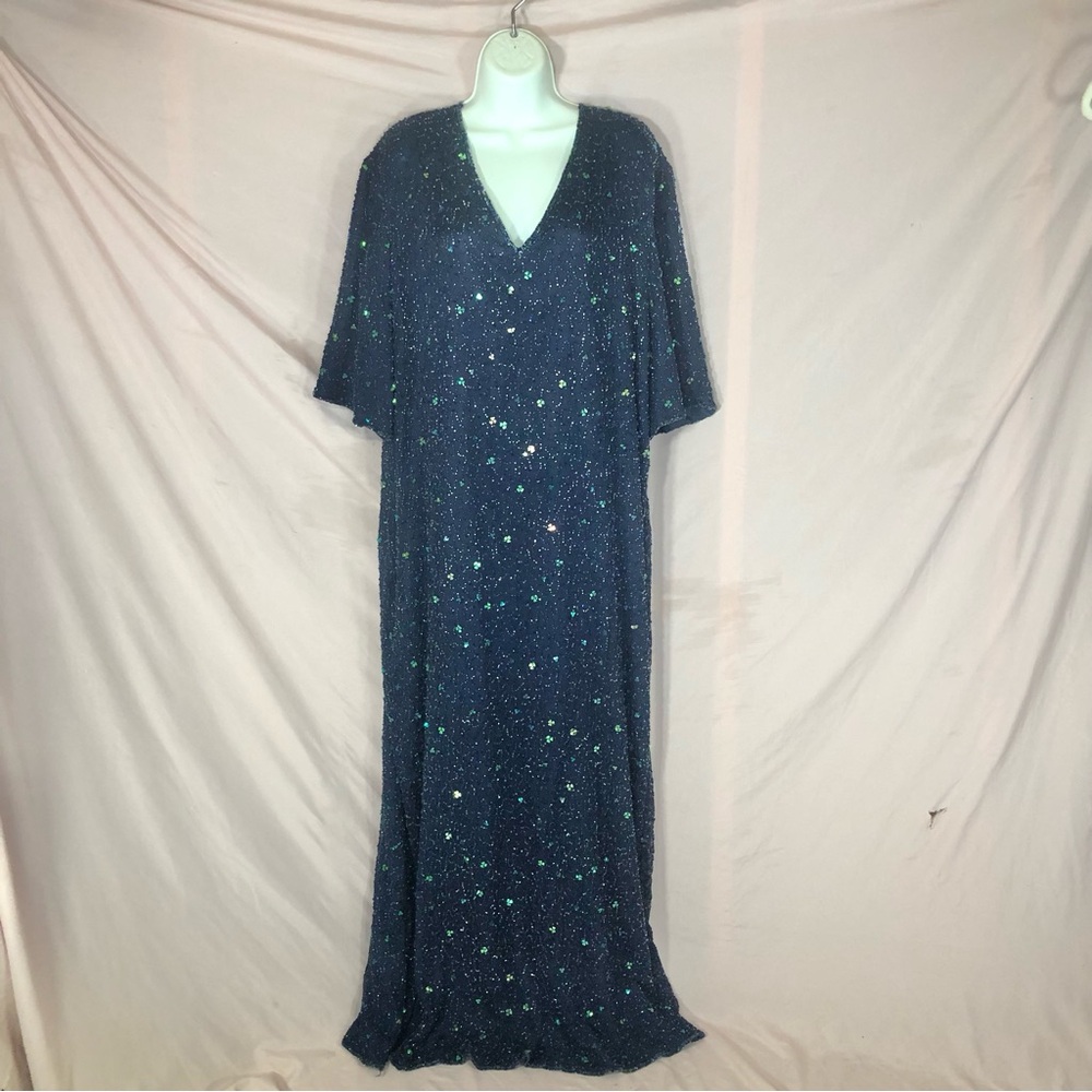 100% Silk Sequin Navy Blue V-Neck Evening Dress Size 4X XXL